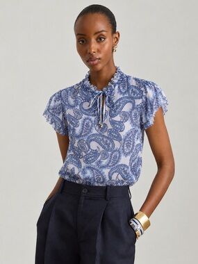 Vintage Ralph Lauren Blue Paisley Flutter Sleeve Peplum Blouse Size XS